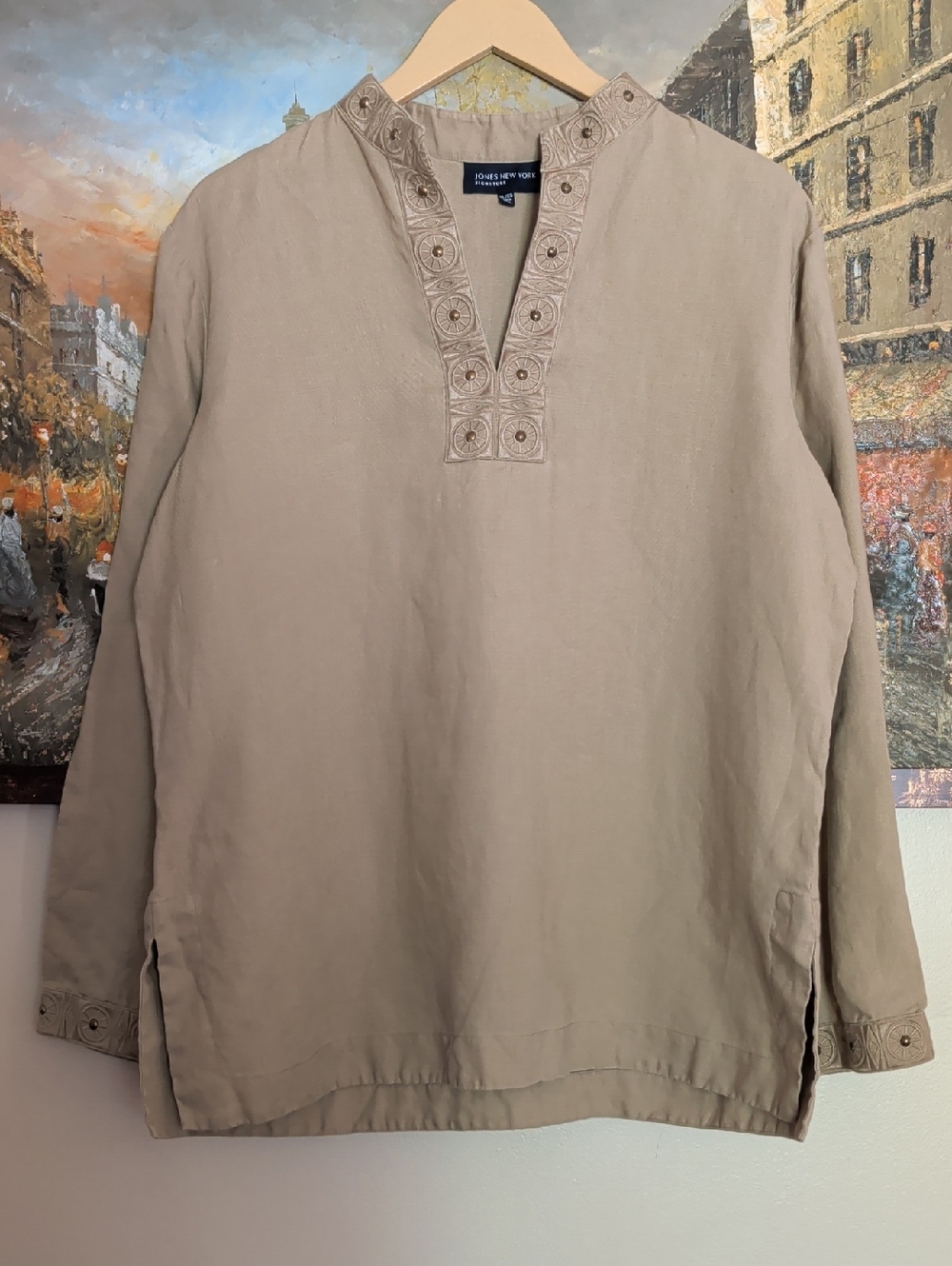 Jones New York Embroidered V-Neck Linen Tunic Blouse - Tan
